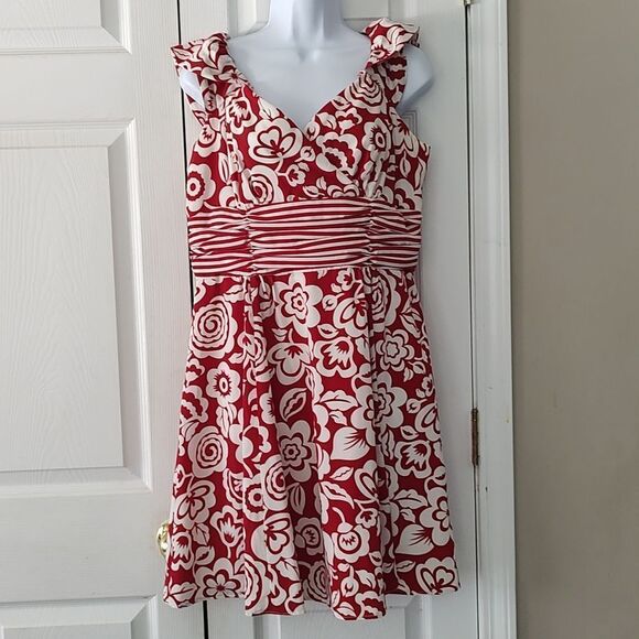 Chadwick's red white fit & flare slimming print summer cruise dress M2261 Sz 12 - Picture 1 of 5